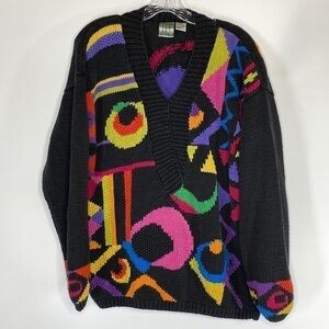 Vintage IVY 80s Abstract Black Colorful Knit Sweater Size Large